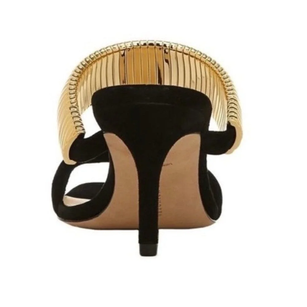 VERONICA BEARD Meena Heeled Sandals Size 9 Black Leather Gold Luxury Designer‎